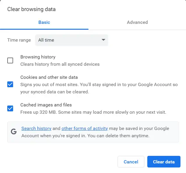 Clear Cache and Cookies Data